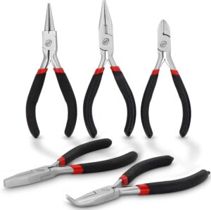 premium needle nose pliers set – 5pcs anti-slip comfort grip small pliers set - round nose, toothless needle nose, flat nose, diagonal & toothed needle nose pliers for jewelry making - by maxopro
