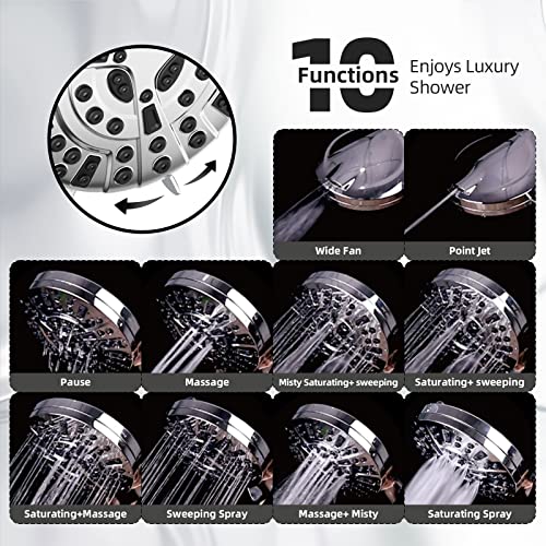 BESAQUO Shower Head,10 Functions High Pressure shower head with handheld, Built-in Pause Mode & 2 Power Wash, Non-Clogging Nozzles High Flow Hand Held, Leakproof 6.5ft Hose&Metal Bracket