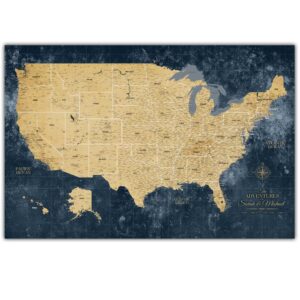 holy cow canvas personalized gold & navy textured push pin map united states on canvas, us travel map with pins to mark travels, usa map pin board, best gift for people who travel gift for traveler