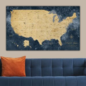 Holy Cow Canvas Personalized Gold & Navy Textured Push Pin Map United States on Canvas, US Travel Map with Pins to Mark Travels, USA Map Pin Board, Best Gift for People Who Travel Gift for Traveler