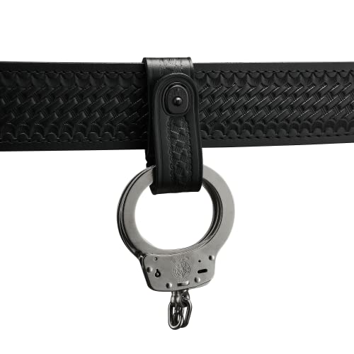 Handcuff Strap Black Leather Basketweave with Black Safety Snap