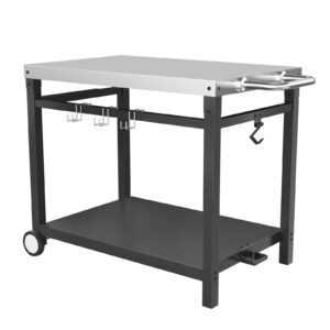 mixrbbq outdoor grill cart double-shelf movable cooking table, new upgraded pizza oven cart for outside kitchen island worktable, foldable food prep cart with 3 hooks and side handle