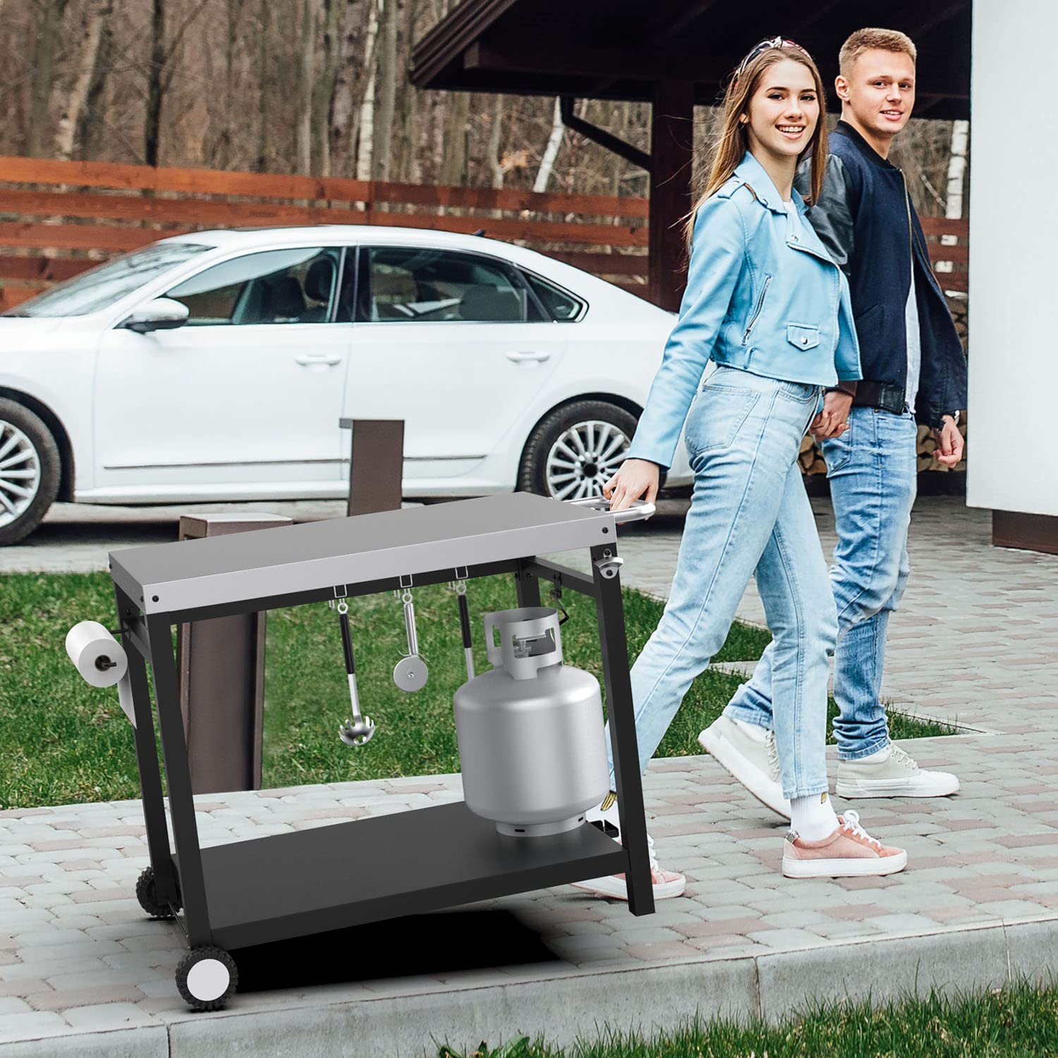 MixRBBQ Outdoor Grill Cart Double-Shelf Movable Cooking Table, New Upgraded Pizza Oven Cart for Outside Kitchen Island Worktable, Foldable Food Prep Cart with 3 Hooks and Side Handle