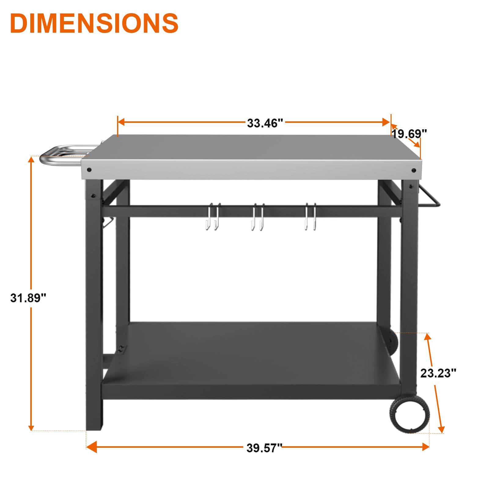 MixRBBQ Outdoor Grill Cart Double-Shelf Movable Cooking Table, New Upgraded Pizza Oven Cart for Outside Kitchen Island Worktable, Foldable Food Prep Cart with 3 Hooks and Side Handle