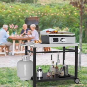 MixRBBQ Outdoor Grill Cart Double-Shelf Movable Cooking Table, New Upgraded Pizza Oven Cart for Outside Kitchen Island Worktable, Foldable Food Prep Cart with 3 Hooks and Side Handle