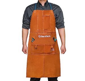 duratech welding apron, 36" leather welding apron heat flame resistant, heavy duty welding apron with 6 tool pockets, 100% cowhide leather work apron big and tall, woodworking apron