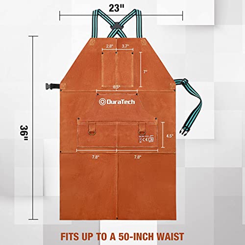 DURATECH Welding Apron, 36" Leather Welding Apron Heat Flame Resistant, Heavy Duty Welding Apron with 6 Tool Pockets, 100% Cowhide Leather Work Apron Big And Tall, Woodworking Apron