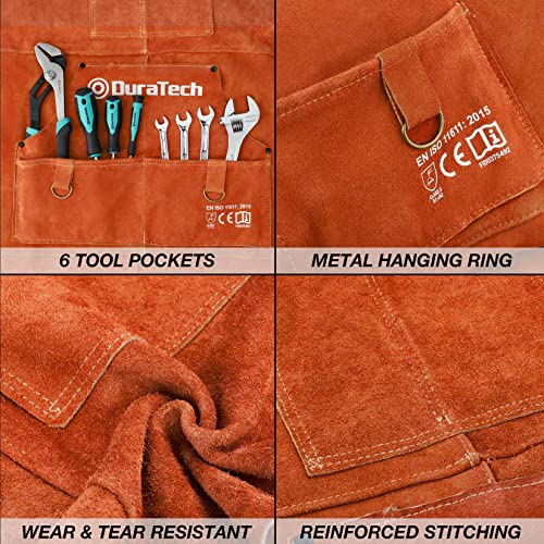 DURATECH Welding Apron, 36" Leather Welding Apron Heat Flame Resistant, Heavy Duty Welding Apron with 6 Tool Pockets, 100% Cowhide Leather Work Apron Big And Tall, Woodworking Apron