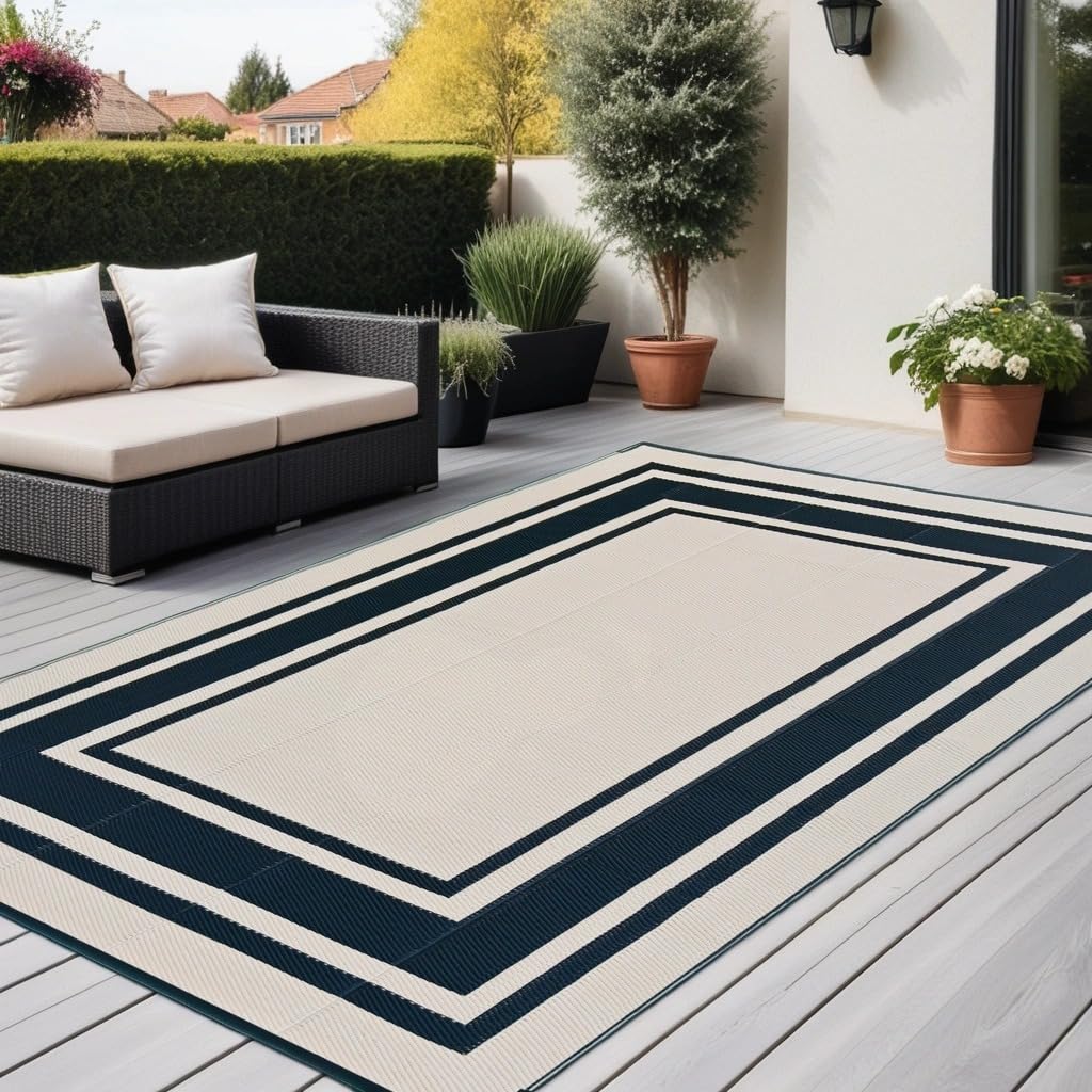 RURALITY Outdoor Rugs 5x8 for Patios Clearance,Waterproof Mats for Camping,Porch,RV, Portable Plastic Area Rugs for Picnic,Reversible,Black and White