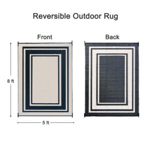 RURALITY Outdoor Rugs 5x8 for Patios Clearance,Waterproof Mats for Camping,Porch,RV, Portable Plastic Area Rugs for Picnic,Reversible,Black and White