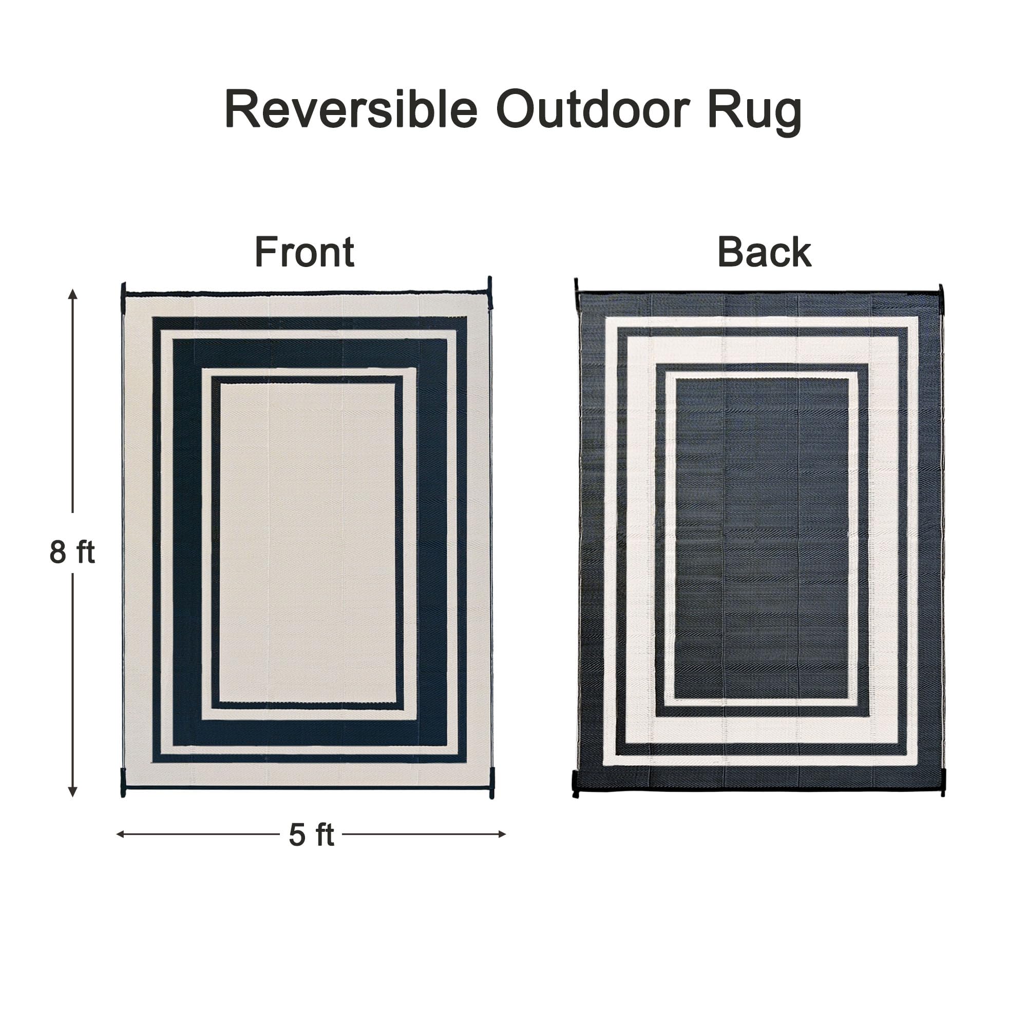 RURALITY Outdoor Rugs 5x8 for Patios Clearance,Waterproof Mats for Camping,Porch,RV, Portable Plastic Area Rugs for Picnic,Reversible,Black and White