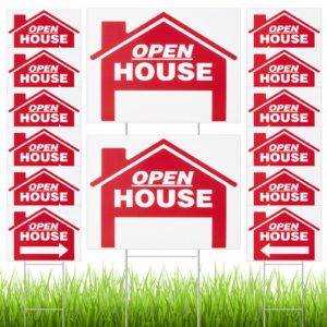 14 pack 24 x 18 inch open house sign double sided real estate sign posts plastic heavy duty open house directional open yard sign with left right arrows 14 pcs h metal stakes (red)