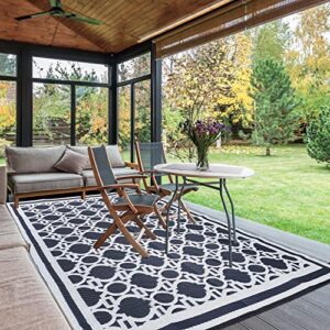 RURALITY Outdoor Rugs 8x10 for Patios Clearance,Plastic Waterproof Mats for Camping,Porch,RV, Large Straw Area Rugs for Picnic,Reversible,Black and White