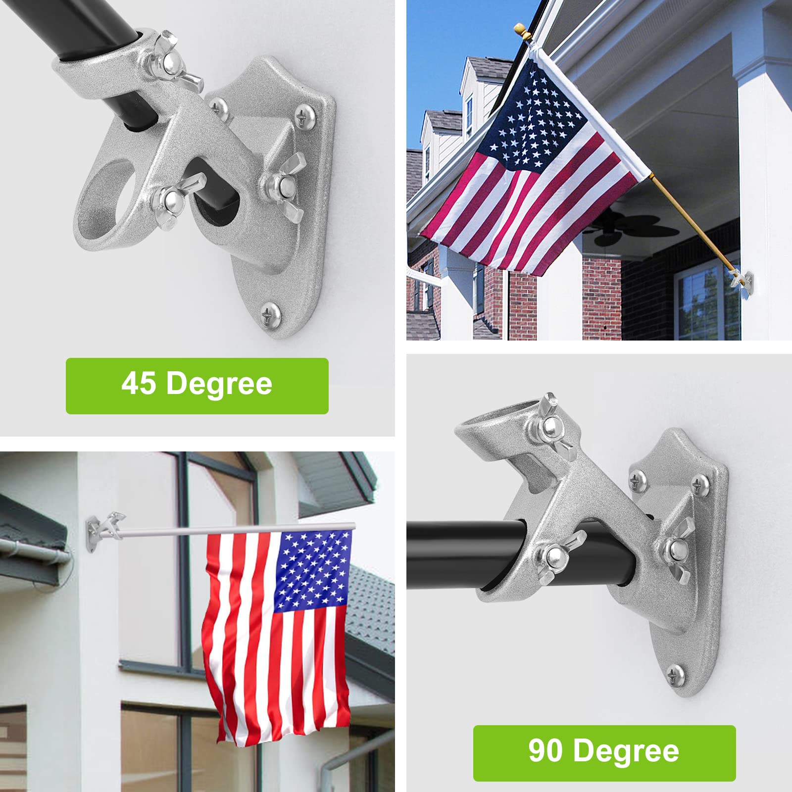 Flag Pole Holder, Outside House Flag Pole Bracket, Heavy Duty Metal Flag Mount, Aluminum Alloy Mounting Brackets, Outdoor Flag Holder- Strong Rust Free, Dual Position 1 inch Silver