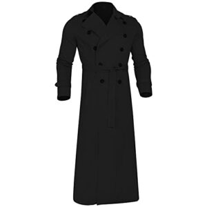 maiyifu-gj mens lapel double breasted trench coat stylish slim fit long belted windbreaker casual windproof peacoat overcoat (black,small)