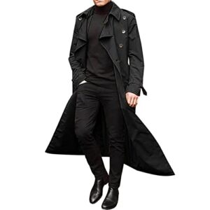 Maiyifu-GJ Mens Lapel Double Breasted Trench Coat Stylish Slim Fit Long Belted Windbreaker Casual Windproof Peacoat Overcoat (Black,Small)