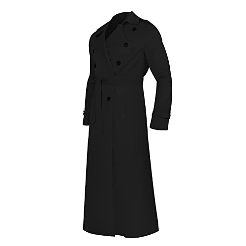 Maiyifu-GJ Mens Lapel Double Breasted Trench Coat Stylish Slim Fit Long Belted Windbreaker Casual Windproof Peacoat Overcoat (Black,Small)