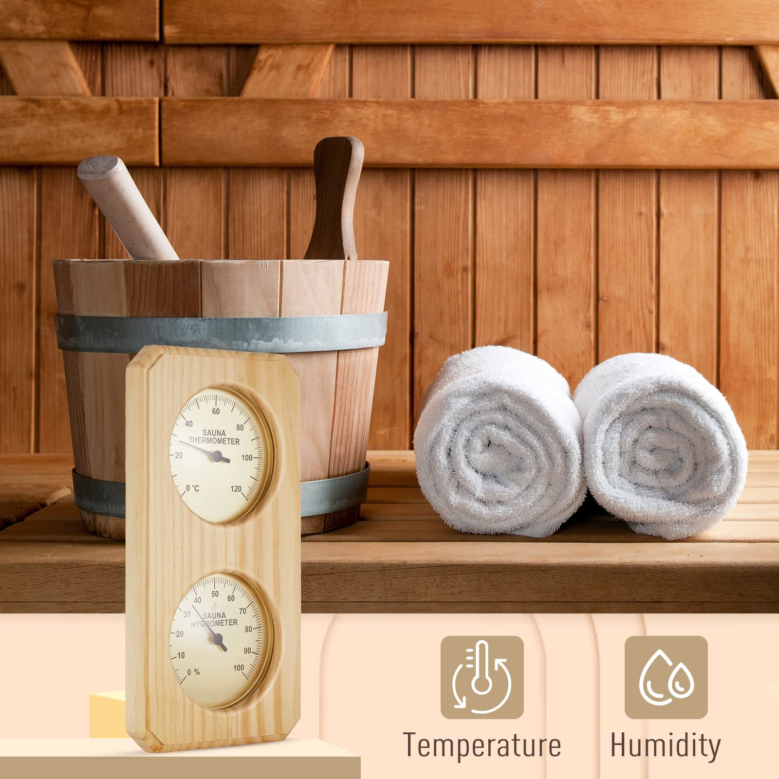 Dunzy Wooden Sauna Thermometer and Hygrometer 2 in 1 Humidity Temperature Measurement Wood Sauna Room Thermometer Indoor Thermometer and Humidity Gauge for Indoor Outdoor Home Family Hotel Sauna Room