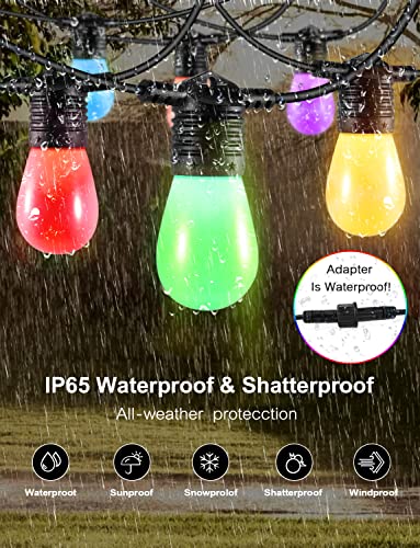 Jevindo Solar Outdoor String Lights, Portable 48ft IP65 Waterproof Patio RGB LED String Lights with 15 LED Bulbs Dimmable Multi-Color, Smart Bluetooth App Control, Balcony, Backyard, Camping, Travel