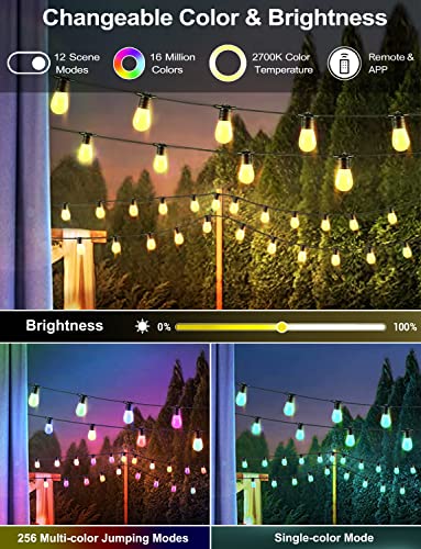 Jevindo Solar Outdoor String Lights, Portable 48ft IP65 Waterproof Patio RGB LED String Lights with 15 LED Bulbs Dimmable Multi-Color, Smart Bluetooth App Control, Balcony, Backyard, Camping, Travel