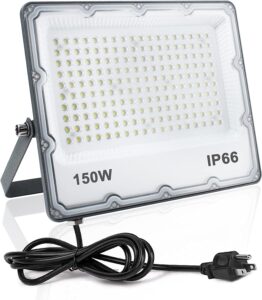 indmird 150w led flood light, outdoor security lights wall fixtures 6500k 15000lm illumination, ip66 waterproof white lighting projects for ball ground, parking lot, pathway, yard