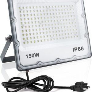 INDMIRD 150W LED Flood Light, Outdoor Security Lights Wall Fixtures 6500K 15000LM Illumination, IP66 Waterproof White Lighting Projects for Ball Ground, Parking Lot, Pathway, Yard