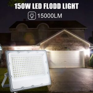 INDMIRD 150W LED Flood Light, Outdoor Security Lights Wall Fixtures 6500K 15000LM Illumination, IP66 Waterproof White Lighting Projects for Ball Ground, Parking Lot, Pathway, Yard