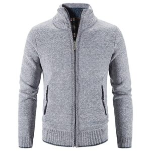 men full zip up cardigan sweaters slim fit flannel lining knitted cardigans zipper thick casual knit sweater coat (light grey,3x-large)