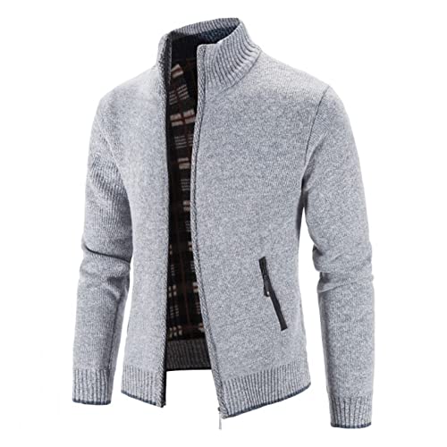 Men Full Zip Up Cardigan Sweaters Slim Fit Flannel Lining Knitted Cardigans Zipper Thick Casual Knit Sweater Coat (Light Grey,3X-Large)