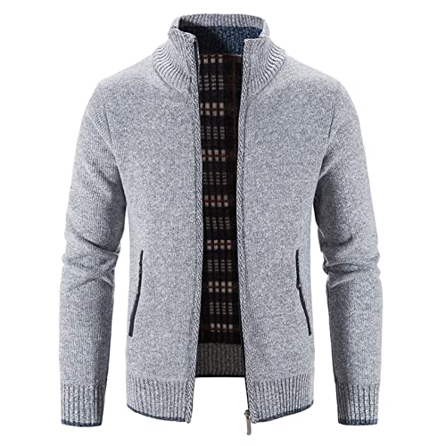 Men Full Zip Up Cardigan Sweaters Slim Fit Flannel Lining Knitted Cardigans Zipper Thick Casual Knit Sweater Coat (Light Grey,3X-Large)