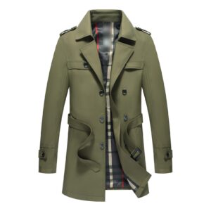 maiyifu-gj mens casual double breasted trench coat casual lapel slim windbreaker jacket warm stylish long overcoat with belt (armygreen,large)