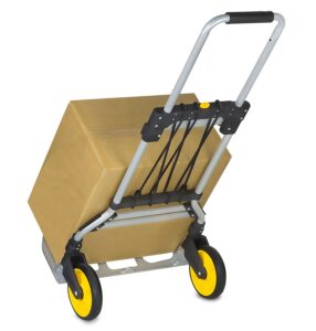 mount-it! folding hand truck and dolly, 264 lb capacity heavy-duty luggage trolley cart with telescoping handle and rubber wheels, silver, black, yellow