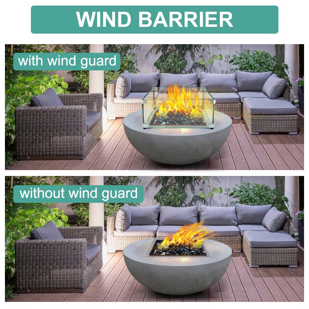 Apromise Fire Pit Wind Guard - 17.5" x 17.5" x 7" Fire Pit Glass Wind Guard for Square Fire Pit Table | 5/16-Inch Thickness Tempered Glass & Hard Aluminum Corner Brackets