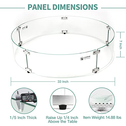 APROMISE Fire Pit Wind Guard - 33" x 7" Round Fire Pit Glass Wind Guard | Clear Tempered Glass Wind Guards for Fire Pits | Firepit Glass Wind Guard with Hard Aluminum Corner Bracket & Rubber Feet