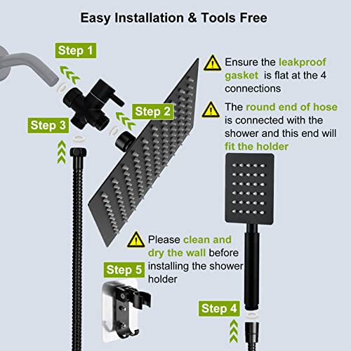 All Metal Rain Shower Head With Handheld Spray, 78" Extra Long Hose, High Pressure Rainfall Showerhead Combo With Holder(8" Square Matte Black)