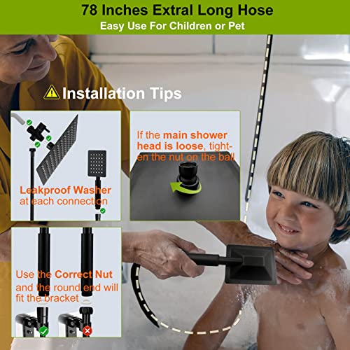 All Metal Rain Shower Head With Handheld Spray, 78" Extra Long Hose, High Pressure Rainfall Showerhead Combo With Holder(8" Square Matte Black)