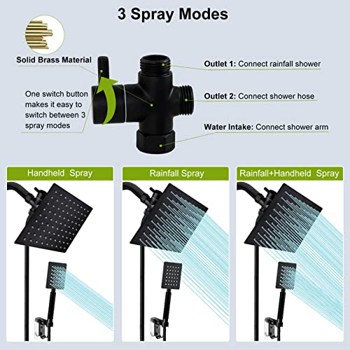 All Metal Rain Shower Head With Handheld Spray, 78" Extra Long Hose, High Pressure Rainfall Showerhead Combo With Holder(8" Square Matte Black)