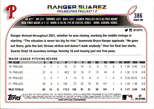 2022 Topps #386 Ranger Suarez Philadelphia Phillies Series 2 MLB Baseball Trading Card