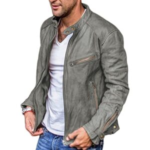 maiyifu-gj men stand collar faux leather jacket vintage lightweight slim fit biker outwear pu zip up motorcycle bomber jacket (grey,small)