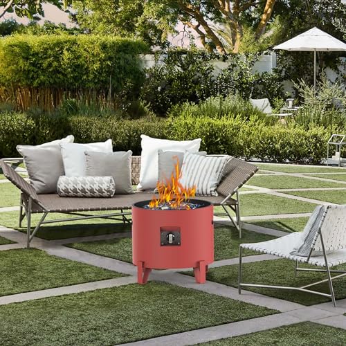 BAIDE HOME Portable Fire Pit for Camping RV 50,000 BTU Round 15'' H x 16'' W Propane Gas Fire Pit W/Lid, Glass Shards & Weather Resistant for Outdoors, 10ft Propane Extension Hose, Red