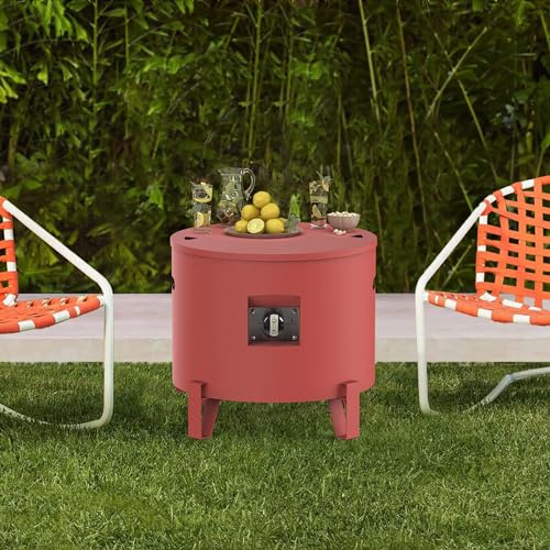 BAIDE HOME Portable Fire Pit for Camping RV 50,000 BTU Round 15'' H x 16'' W Propane Gas Fire Pit W/Lid, Glass Shards & Weather Resistant for Outdoors, 10ft Propane Extension Hose, Red