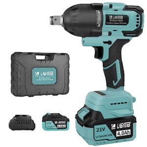 cordless impact wrench,1/2 impact gun，850nm(627ft·lbs) high torque 2200 rpm,brushless motor，with a 10c 4.0ah li-ion battery and fast charger，suitable for family cars，construction work on site