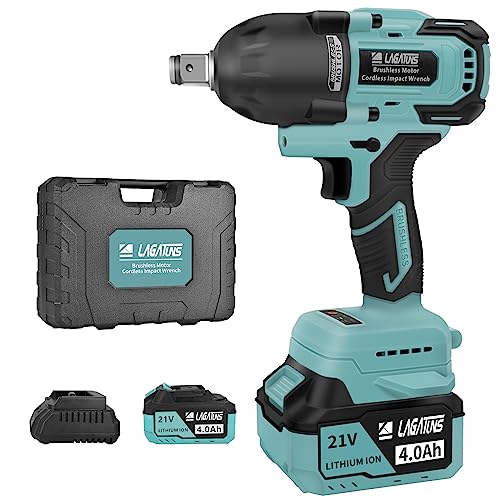 Cordless Impact Wrench,1/2 Impact Gun，850NM(627ft·lbs) High Torque 2200 RPM,Brushless Motor，with a 10C 4.0Ah Li-Ion Battery and Fast Charger，Suitable for family cars，Construction work on site