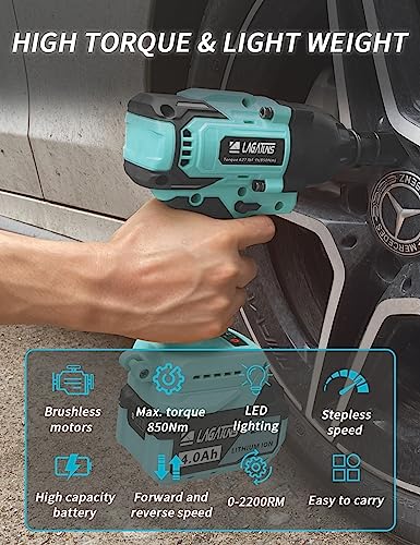 Cordless Impact Wrench,1/2 Impact Gun，850NM(627ft·lbs) High Torque 2200 RPM,Brushless Motor，with a 10C 4.0Ah Li-Ion Battery and Fast Charger，Suitable for family cars，Construction work on site