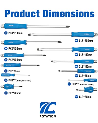 ROTATION 12PCS Magnetic Go-Thru Screwdriver Set, 6 Phillips and 6 Flat Head Tips Screwdriver for Fastening, Chiseling and Loosening Seized Screws, Multi-purpose Budget Set