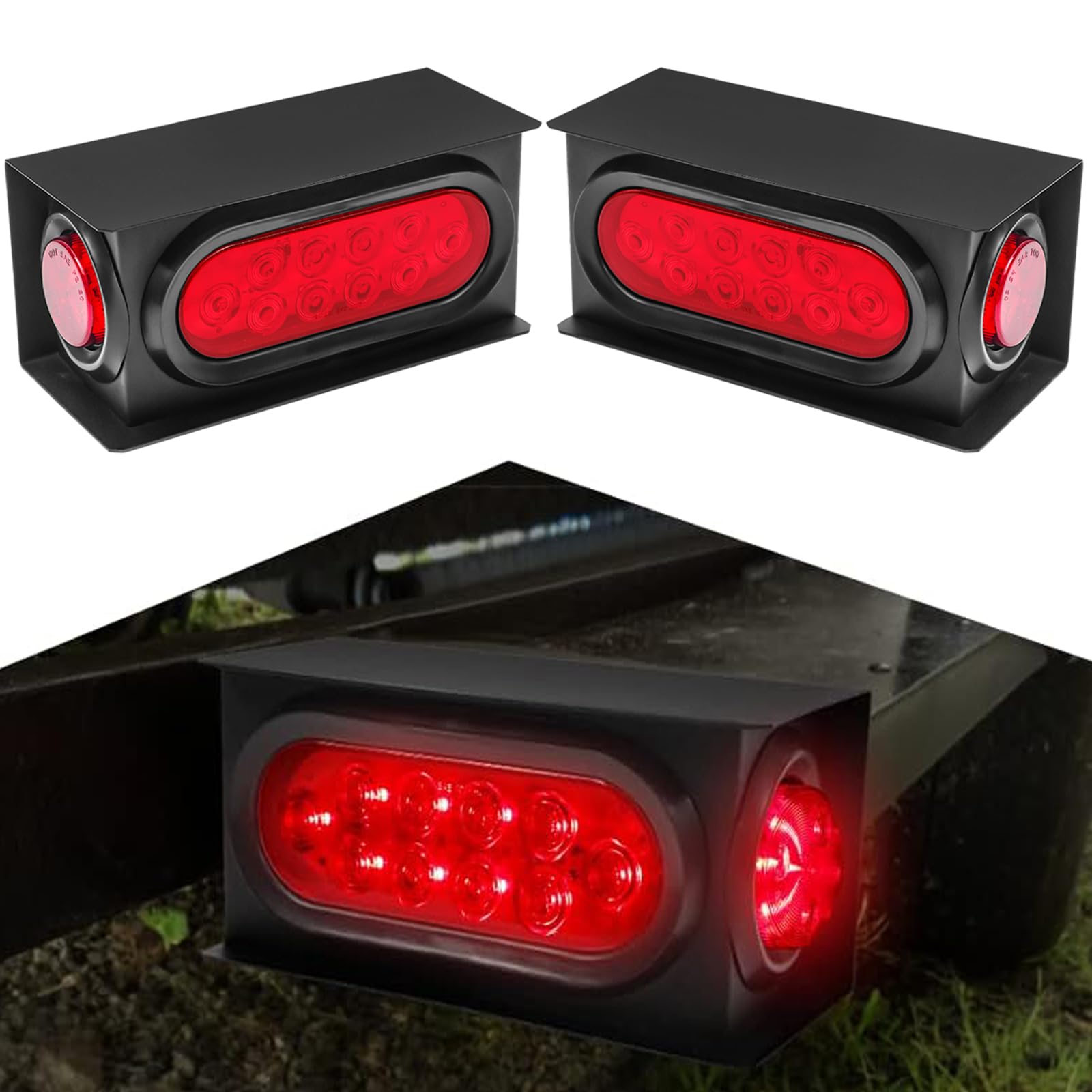 LIMICAR Steel Trailer Lights Boxes Housing Kit with 6 Inch Oval Red LED Trailer Tail Lights 2 Inch Round Red LED Side Marker Clearance Lights, Included Grommets Wire Pigtails Connectors