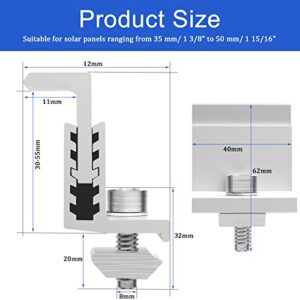 Solar Panel Brackets, 12Pcs Z Brackets for Solar Panel End Clamps with Nuts and Bolts, 32-50 mm Adjustable Aluminum Mounting Grounding Rails Kit for Solar Panel PV System Install Accessories