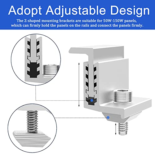 Solar Panel Brackets, 12Pcs Z Brackets for Solar Panel End Clamps with Nuts and Bolts, 32-50 mm Adjustable Aluminum Mounting Grounding Rails Kit for Solar Panel PV System Install Accessories