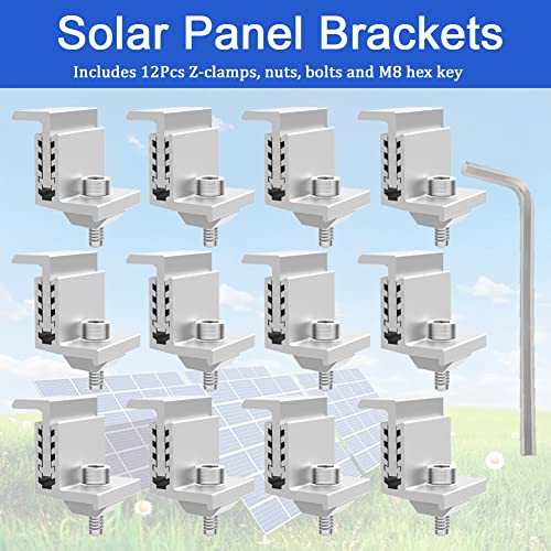 Solar Panel Brackets, 12Pcs Z Brackets for Solar Panel End Clamps with Nuts and Bolts, 32-50 mm Adjustable Aluminum Mounting Grounding Rails Kit for Solar Panel PV System Install Accessories