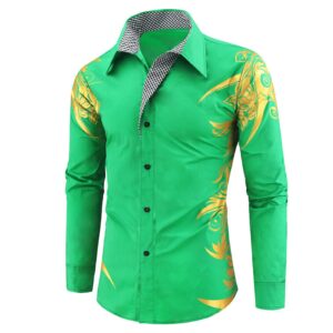 mens print button down dress shirt shiny golden printed long sleeves shirts casual floral nightclub shirt costume (green,xx-large)